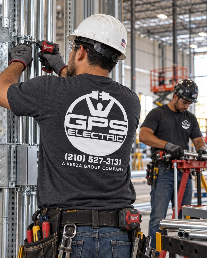 GPS Electric electricians securing steel conduit runs inside a large commercial building