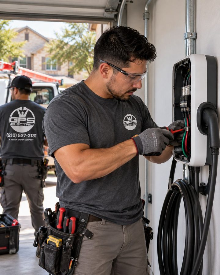 GPS Electric electrician wiring a wall-mounted EV charger inside a home garage
