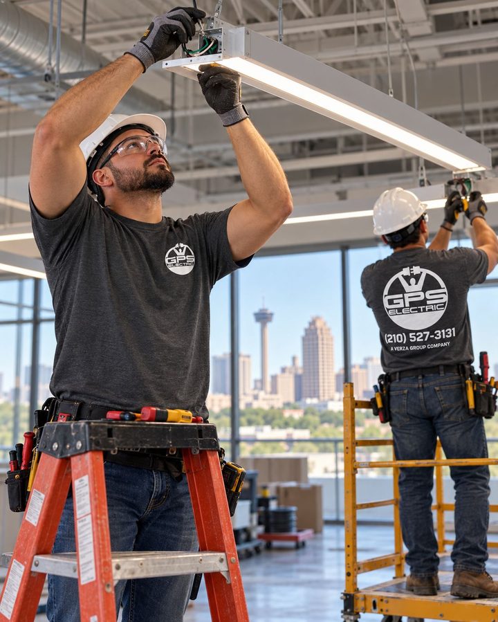 Two GPS Electric electricians installing linear LED light fixtures in an office with the San Antonio skyline behind