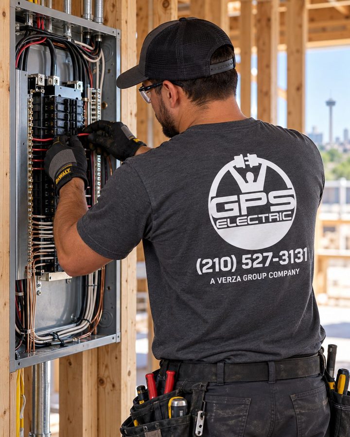 GPS Electric electrician wiring breakers inside a new electrical panel